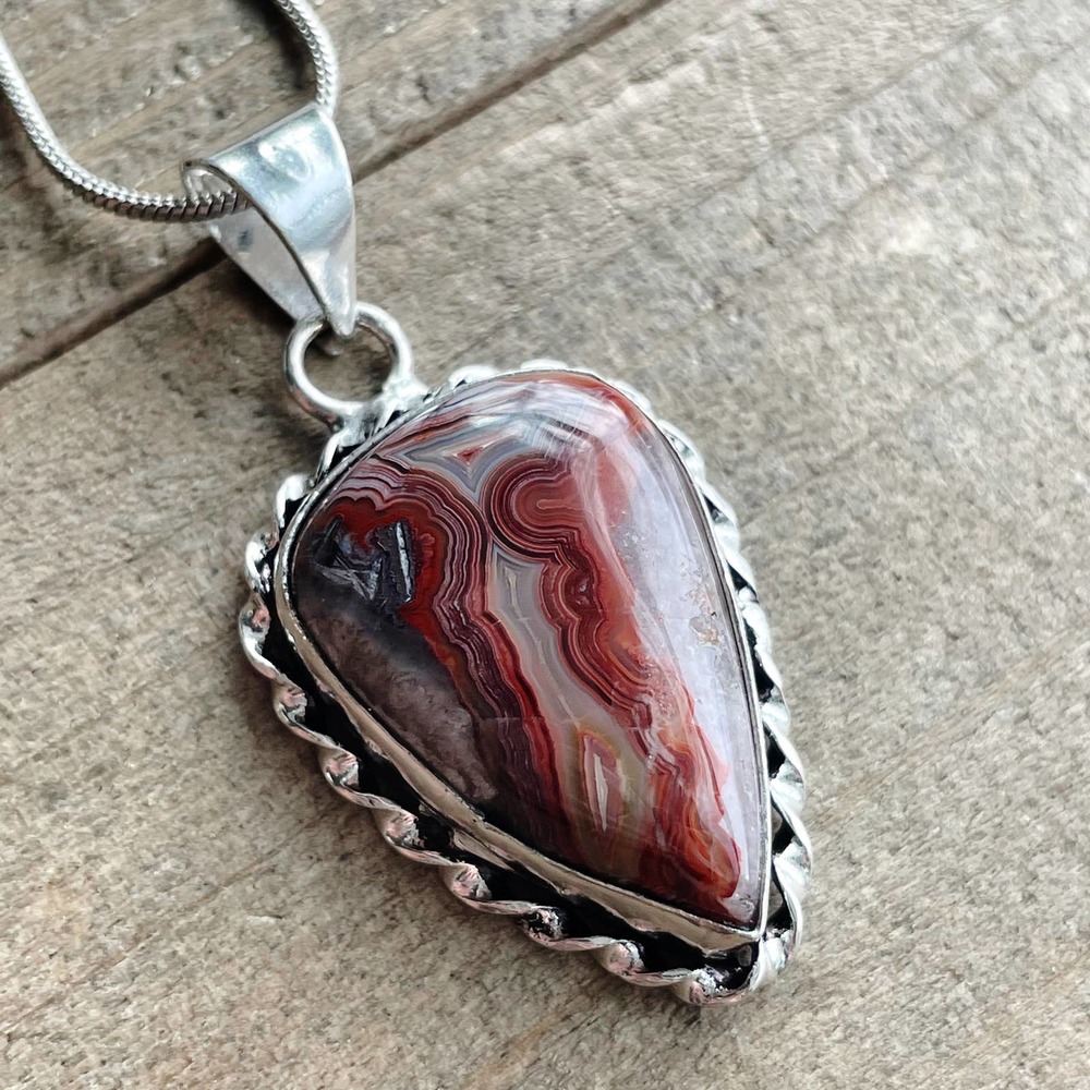 Red Lace Agate Pendant Necklace in 925 Sterling Silver on 18" Snake Chain #001